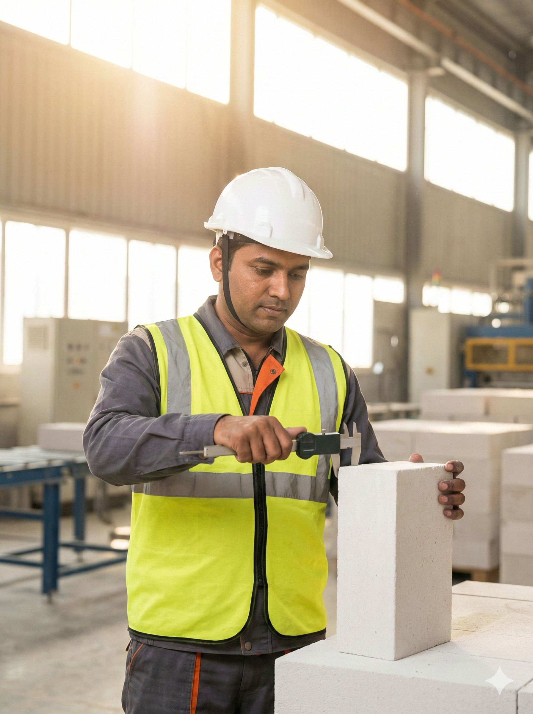 Engineer measuring AAC block